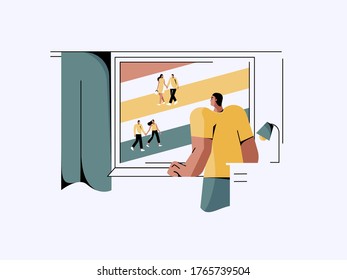 Single person in isolation at home looking trough window at couples walking together outdoors. Vector.