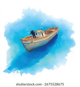 Uma única pessoa está em pé em um pequeno barco de madeira, que está flutuando em um corpo de água azul.