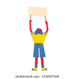 Single picket. Protesting teenager holding placard. young woman standing with blank banner. Female character taking part in parade, rally, processions, solitary picket. Vector flat illustration.