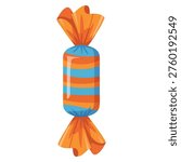 Single piece of candy with blue and yellow stripes unwrapped in the center showing the sweet treat inside, colorful confectionery illustration