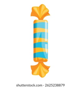 Single piece of candy with blue and yellow stripes is unwrapped in the center, showing the sweet treat inside