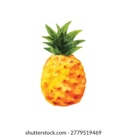 Single pineapple fruit showing bright yellow skin and green crown leaves isolated