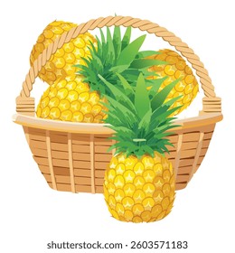 A single pineapple resting in a basket, with its vibrant yellow color contrasting against the woven texture