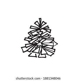 Single pinecone Christmas tree. Black and white, doodle. Vector illustration, isolated on white background.