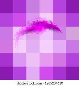 Single pink feather vector. Levitation plume, lightness concept icon. Isolated or Purple gradient squares abstract background
