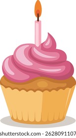 Single pink frosted cupcake with a lit candle on top, isolated on white background.