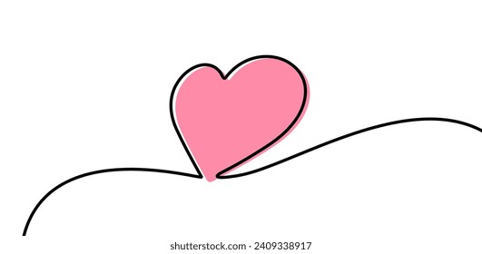 Single pink heart continuous wavy line art drawing on white background. Happy Valentine's day header or banner or letter template. Vector illustration