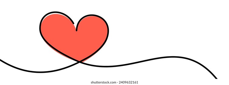 Single pink heart continuous wavy line art drawing on white background. Happy Valentine's day header or banner or letter template. Vector illustration