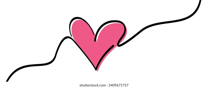 Single pink heart continuous wavy line art drawing on white background. Happy Valentine's day header or banner or letter template. Vector illustration