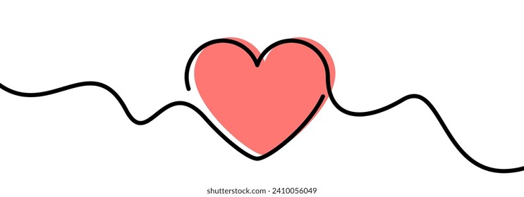 Single pink heart continuous wavy line art drawing on white background. Happy Valentine's day header or banner or letter template. Vector illustration