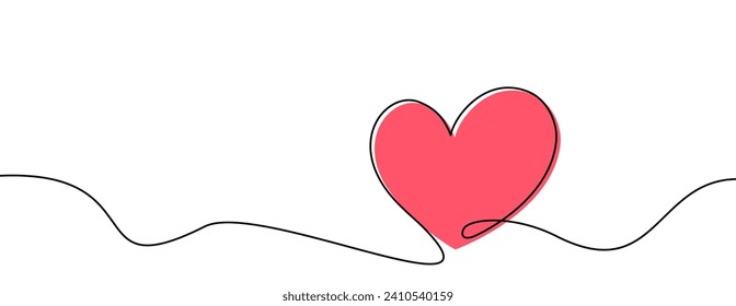 Single pink heart continuous wavy line art drawing on white background. Happy Valentine's day header or banner or letter template. Vector illustration