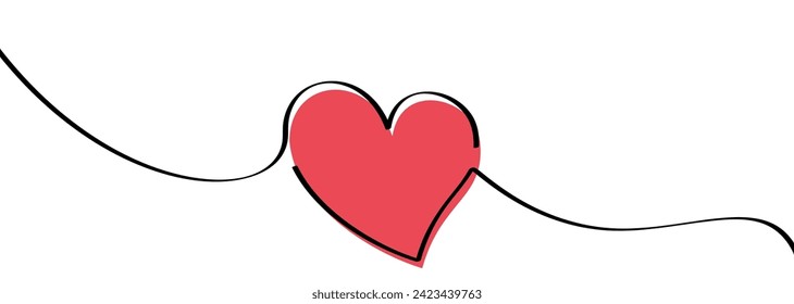 Single pink heart continuous wavy line art drawing on white background. Happy Valentine's day header or banner or letter template. Vector illustration