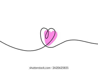 Single pink heart continuous wavy line art drawing on white background. Happy Valentine's day header or banner or letter template. Vector illustration