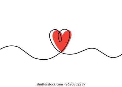 Single pink heart continuous wavy line art drawing on white background. Happy Valentine's day header or banner or letter template. Vector illustration