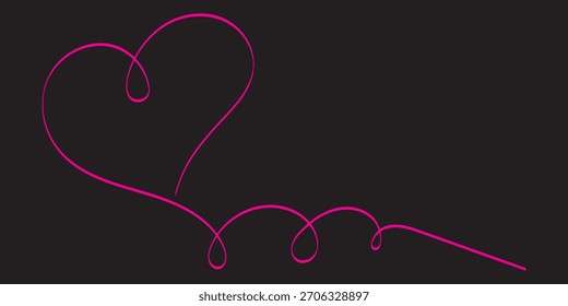 Dibujo ondulado continuo del arte de la línea del corazón rosado solo en el fondo negro. Feliz día de San Valentín encabezado o Anuncio o Plantilla de la letra. Ilustración vectorial. Icono del cepillo del doodle del amor, amor romántico. EPS 10.