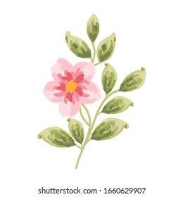 single pink red flowers and green leaf element for wedding invitation, women's day, greeting card, flower logo, or floral icon