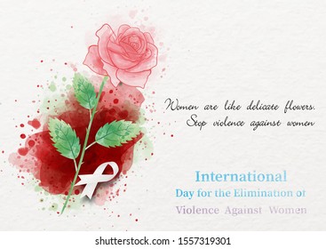 Single pink rose on spread red bloods in watercolor style with white ribbon and slogan, name of event on paper pattern and white background. Poster campaign in vector design.