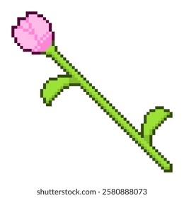 Single Pink Rose Stick, Pixel Art Icon, Isolated