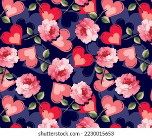Single pink roses and cute hearts and their silhouettes pattern