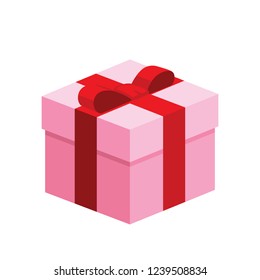 Single pink square present  gift boxes with red ribbon bow flat design illustration. Isometric vectir interface element for app ui ux web banner icon isolated on white background