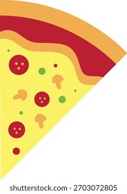 Eine einzelne Pizzaschnittdarstellung mit Details zu Belag und Kruste, geeignet für Essensgrafiken, kulinarische Designs, Restaurantmaterialien, Bildmaterial zum Lernen von Kindern und Bildungsinhalte.