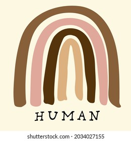 Single Placed Illustration With Multi Racial Different Human Skin Tone Rainbow On Cream Background With Doodle Lettering. Great For Inclusion And Diversity Projects