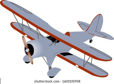 Single plane biplane in gray and red colors with a wooden propeller on a white background.