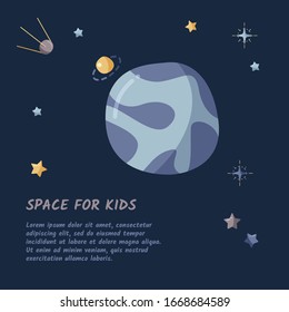 Single planet and starry sky in a open space. Flat vector illustration. Kids space template.