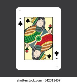 Single playing cards vector: Clubs queen
