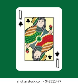 Single playing cards vector: Clubs queen

