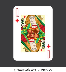 Single playing cards vector: Diamonds Queen 