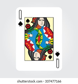 Single playing cards vector: Spades Queen
