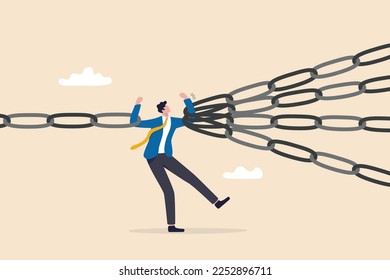 Single point of failure, risk or vulnerable weak point to make all system down, important point to hazard or beware danger concept, businessman at try so hard to hold multiple chain to avoid failure.