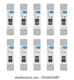 Single pole circuit breaker set rated 10 to 32 Amperes. Vector illustration isolated on white