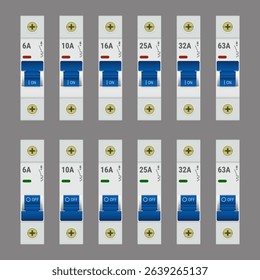 Single pole circuit breaker set rated 6 to 63 Amperes. Vector illustration of realistic circuit breaker switches in On and Off positions