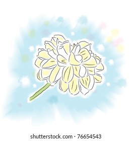 Single ponpon Dahlia flower in watercolor style on pastel blue background with paint splats surrounding