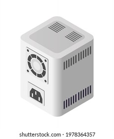 Single Power Supply adapter technology of connection data center computing cloud. Tech isometric 3d illustration