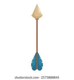 Single primitive hunting arrow with blue fletching and a brown shaft pointing upwards
