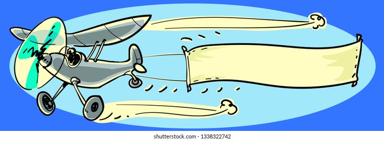 a single propeller airplane carrying blank banner for your customization. celebrate, announcement, advertising etc. free handdrawn cartoon style vector illustration.
