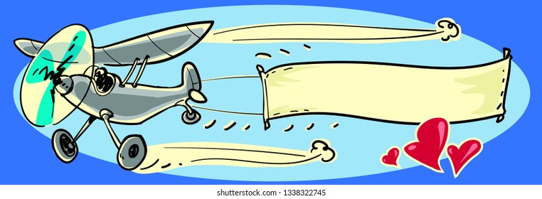 a single propeller airplane carrying blank banner for your customization. celebrate, announcement, advertising etc. free handdrawn cartoon style vector illustration.