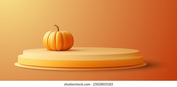 A single pumpkin displayed on an orange-colored podium with a warm gradient background ideal for autumn or Halloween-themed presentations and minimalist design projects. Vector 3d