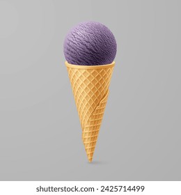 A single purple ball of ice cream or gelato in a waffle cone, cold and sweet. Isolated on a gray background