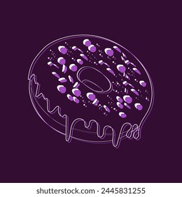 A single purple doughnut with colorful sprinkles is arranged neatly on a purple background. The doughnut covered in a smooth purple glaze and topped with an assortment of sprinkles