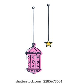linterna colgante púrpura simple con ilustración estrella para decoración o adorno de ramadán y eid