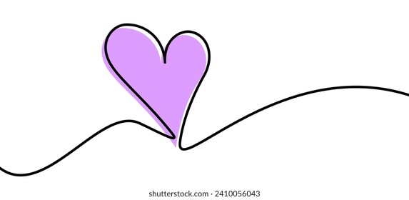 Single purple heart continuous wavy line art drawing on white background. Happy Valentine's day header or banner or letter template. Vector illustration