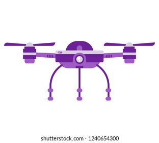 Single purple smart drone with camera for selfie, remote photography or video surveillance. Flying quadcopter helicopter with rotors and propellers in flat design.