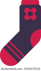 Single purple sock with pink decorations, including a stylized flower near the top and stripes near the toe, evokes feelings of comfort, warmth, and coziness