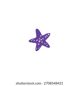 Uma única estrela-do-mar roxa com manchas brancas é isolada em um fundo branco.