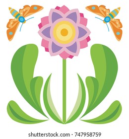 Single Purple and Yellow Flower surrounded by green leaves and blue and orange moths