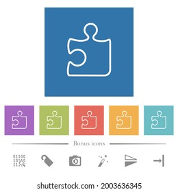 Una sola pieza de rompecabezas contorno iconos blancos planos en fondo cuadrado. 6 iconos de bonificación incluidos.